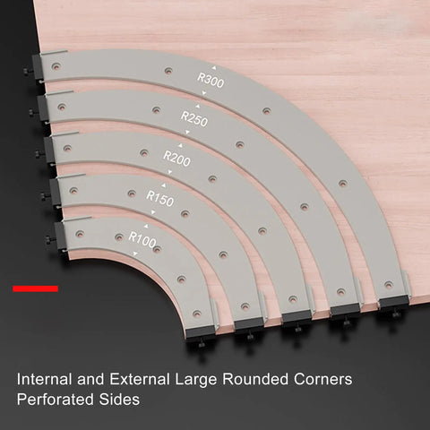 Drop Dead Knockout 5 Piece Round Corner Radius Template Set With R100 To R300 Specs, featuring R100 to R300 precision radius jigs.