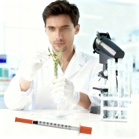 Disposable Syringes With Needle 1ml 30G 5 16 Inch Individually Wrapped 100 Pack Lab Use Lab Grade with scientist in lab