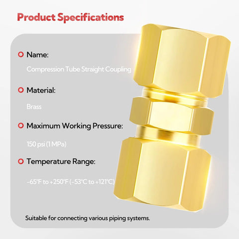 Brass compression tube straight union connector, 3/4 in tube OD x 3/4 in tube OD.
