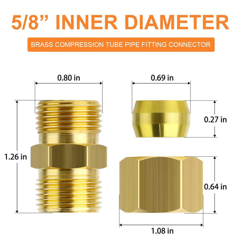 Dimensions of Beefy Brass Compression Tube Fittings Kit, 5/8 Inch Tube OD To 5/8 Inch Tube OD Connectors, side view