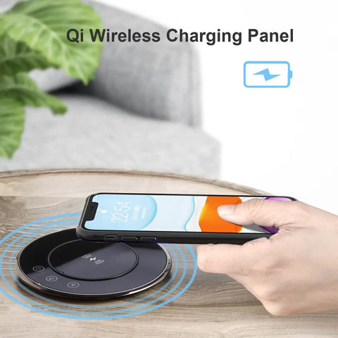 Total Game Changer Smart Motorized Pop-Up Power Station Featuring Six Ac Outlets, Four Usb Ports, Qi Wireless Charging Pad, Ip65 Waterproof Glass Top, Built In Speaker, And Adjustable Led Lamp For Your Sweet Home Office Setup with phone charging on panel.