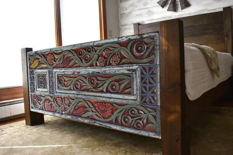 Floral Carved Barn Wood Door 71x34 Inch Rustic Farmhouse Entry Pantry Door Double Or Single Sliding Door No Glass No Hardware Ideal For Headboard Wall Art Decor, used as a headboard in a rustic bedroom setting.