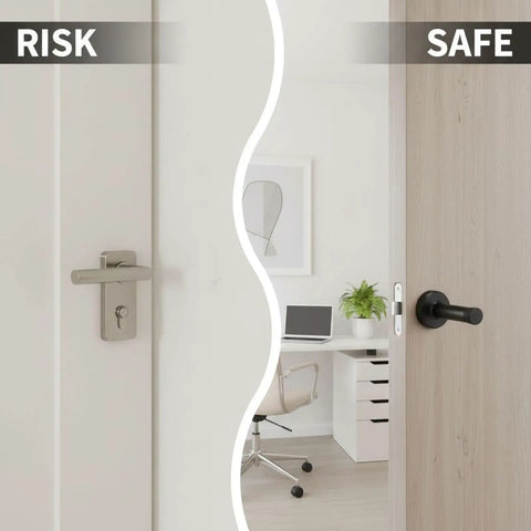 Comparison of door with and without Set Of 10 Black 3.7 Inch Door Stops With Stainless Steel Body And Rubber Bumper, Wide Base Wall Protector for Home and Office