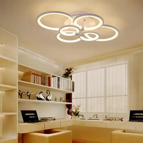 Dimmable Modern Ring Ceiling Light With Six Acrylic Rings Flush Mount LED Chandelier in a home office setting
