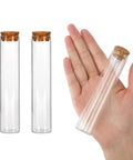 18 Pack Glass Test Tubes With Cork Stoppers 25x120mm Flat Bottom Borosilicate Lab Grade Heat Resistant Science Tubes For Experiments And Home Lab Use 45ml Capacity, shown in hand