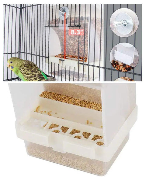 Zero Mess Parrot Automatic Feeder For Budgerigars And Canaries With Screw Fixed Cage Mount, showing 8.3 inch height with seed tray.