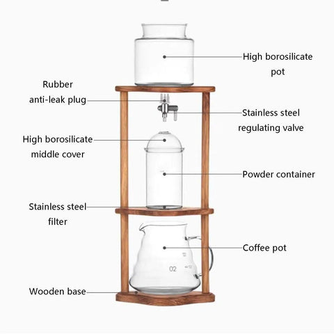 Game Changer Cold Brew Drip Tower With Adjustable Flow Control showcases glass and wood construction, ideal for iced coffee brewing.