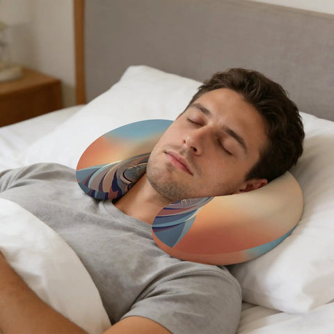 Man sleeping with U Shaped Travel Pillow With Memory Foam Core Orange Hippo Animal Design Neck Pillow For Airplane Car Office Or Home Use Ultra Cozy Support For Head Neck Comfort And Quick Naps