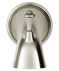 Front view of Delancey Diverter Tub Spout Brushed Nickel Finish Built Tough With One Half IPS Connection For One Half Inch Copper Pipe Metal Construction
