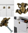 Six Piece Frog Shaped Cabinet Handles Crafted From Solid Zinc Alloy Rust Proof Drawer Pulls And Dope Animal Knobs For Dresser Kitchen Cupboards quick mount screws included shown on white cabinets.