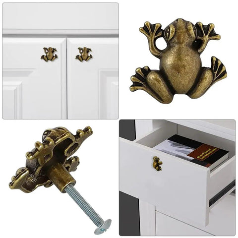 Six Piece Frog Shaped Cabinet Handles Crafted From Solid Zinc Alloy Rust Proof Drawer Pulls And Dope Animal Knobs For Dresser Kitchen Cupboards quick mount screws included shown on white cabinets.