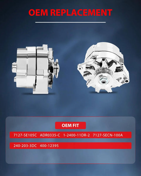 Self Exciting Alternator Replacement For Chrome BBC SBC Chevy GM With 3 Wire High Output ADR0335C front and side view