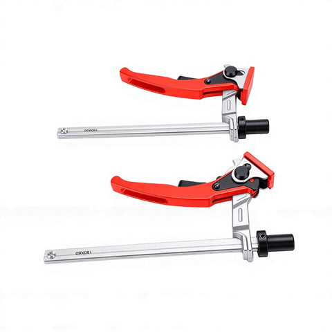 Top and side view of Beefy 5/8 Inch Bench Dog Clamp with Ratchet Hold Down and Vibration Resistant Jaws for MFT table holes.