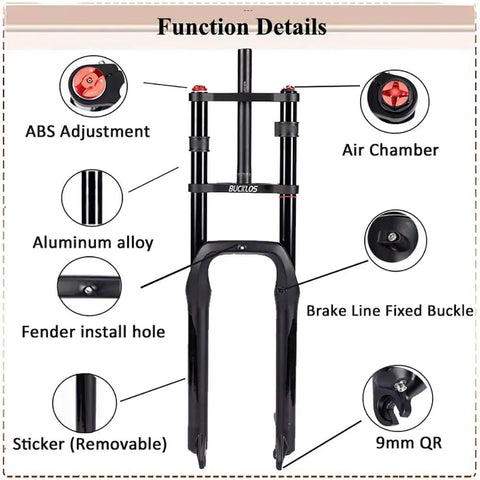 26 Inch Fat Tire Electric Bike Front Fork With Air Suspension, 180mm Travel, 135mm Hub Spacing showing function details