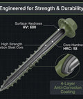 Pack Of Fifty Heavy Duty Wood Structural Screws Green Coated Hex Head Timber And Log Fasteners showing strength ratings and coating details.