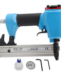 Professional Grade Pneumatic Brad and Staple Nailer with Insanely Fast Nailing Speed and Efficient Air Flow Usage and Sweet Grip for Furniture and Woodworking Tasks showing blue body, metal frame, and accessories.