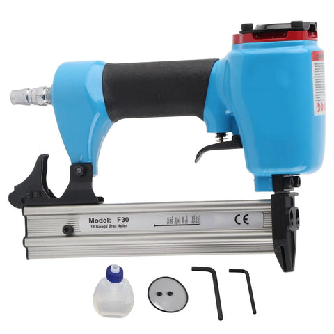 Professional Grade Pneumatic Brad and Staple Nailer with Insanely Fast Nailing Speed and Efficient Air Flow Usage and Sweet Grip for Furniture and Woodworking Tasks showing blue body, metal frame, and accessories.