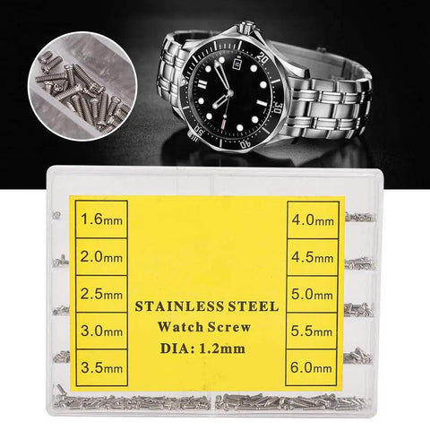Pro Level Stainless Steel Crosshead Screws For Watch Case Back Repair With Several Precision Sizes Arranged Inside A Secure Labeled Storage Bin Silver Edition with a watch.