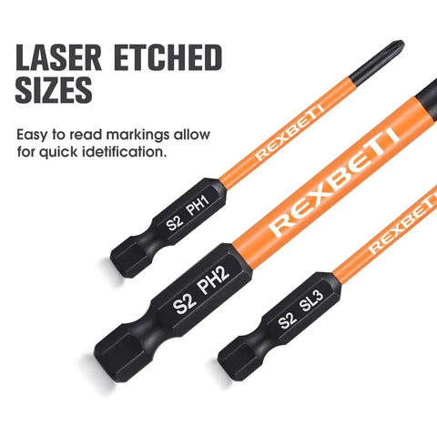 12 Piece Slotted And Phillips Screwdriver Bit Set With Magnetic One Quarter Inch Hex Shank S2 Steel Three Inch Long Drill Bits Includes PH1 PH2 PH3 And Slotted Sizes 3mm 4mm 5mm 6mm For Heavy Duty Gigs DIY Projects And Industrial Use close-up showing laser etched sizes on S2 PH1 PH2 SL3 bits