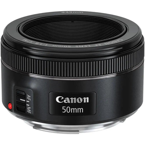 50mm F1.8 STM Prime Lens For Canon EOS DSLRs, fast autofocus, lightweight black build, close-up view of lens body and details
