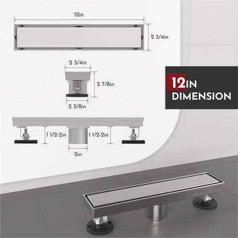 Diagram of 12 Inch Linear Shower Drain Kit With Rectangular Floor Drain Reversible 2-In-1 Cover Tile Insert Grate And Removable