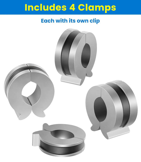 Stroke Control Kit For Hydraulic Cylinders Dialed In With Adjustable Limiter Clamps And Finger Tabs, four metal clamps with clips