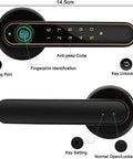 Fingerprint Door Lock With 4 In 1 Keyless Entry Biometric Smart Touchscreen Lock showing dimensions and features layout.