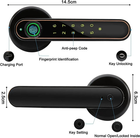 Fingerprint Door Lock With 4 In 1 Keyless Entry Biometric Smart Touchscreen Lock showing dimensions and features layout.