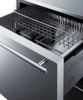 Top Shelf 24 Inch Two Drawer Freezer Stainless Steel Body with open drawer and wire basket inside.