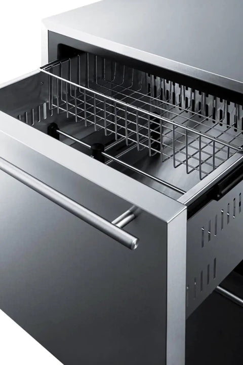 Top Shelf 24 Inch Two Drawer Freezer Stainless Steel Body with open drawer and wire basket inside.
