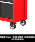 Side view of 41 Inch Rolling Tool Chest With 10 Drawers And Soft Close Full Extension Slides, highlighted caster wheels.