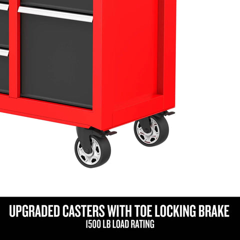 Side view of 41 Inch Rolling Tool Chest With 10 Drawers And Soft Close Full Extension Slides, highlighted caster wheels.