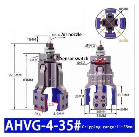 Beefed-Up Pneumatic Fixture Cylinder With Four Claw Clamp, Sensor Switch, Mechanical Arm Gripper Finger, Water Spout Clip Model Ahvg35 diagram
