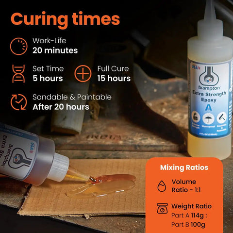 Extra Strength Epoxy Kit With 20-Minute Work Life, Waterproof 2-Part Resin with curing times and mixing ratios shown
