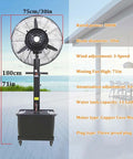 Heavy Duty Standing Mist Fan With Rock Solid Build Delivering Poppin Airflow And Smooth Misting Features A Massive Eleven Gallon Tank For All Day Patio Relief Adjustable Speed Switches And Easy Roll Setup, 30" fan, 71" height.
