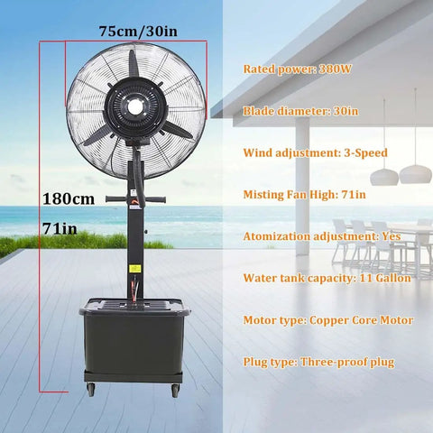 Heavy Duty Standing Mist Fan With Rock Solid Build Delivering Poppin Airflow And Smooth Misting Features A Massive Eleven Gallon Tank For All Day Patio Relief Adjustable Speed Switches And Easy Roll Setup, 30" fan, 71" height.