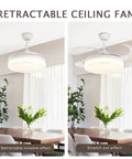 42 Inch Retractable Ceiling Fan With Remote And LED Light Modern White Enclosed Ceiling Fan With Invisible Blades in dining room