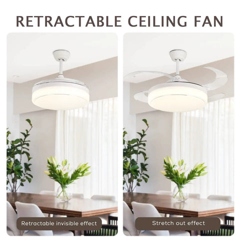 42 Inch Retractable Ceiling Fan With Remote And LED Light Modern White Enclosed Ceiling Fan With Invisible Blades in dining room