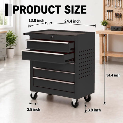 Heavy Duty Steel Rolling Tool Chest With Smooth Glide Wheels And Lockable Five Drawer Mobile Cart dimensions in inches.