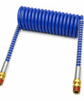 Boss Level 12 Foot Blue Air Coil Hose Featuring One Half Inch Male Pipe Fittings For Universal Heavy Duty Air Compressors Shop And Garage Essential Kit Reduces Slack Significantly With Smart Coiled Shape Stays Organized For Quick Service Always. Blue 12 ft coiled hose with 1/2-inch male pipe fittings