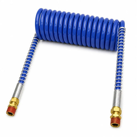 Boss Level 12 Foot Blue Air Coil Hose Featuring One Half Inch Male Pipe Fittings For Universal Heavy Duty Air Compressors Shop And Garage Essential Kit Reduces Slack Significantly With Smart Coiled Shape Stays Organized For Quick Service Always. Blue 12 ft coiled hose with 1/2-inch male pipe fittings