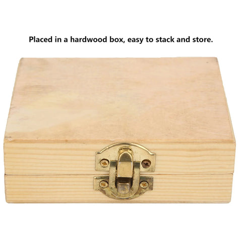 Wooden tool box with brass latch, light-colored finish, closed.