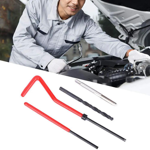 Mechanic using 30 Piece Thread Repair Kit With Stainless Steel Twisted Drill, Tap, Wrench, Tang Breaker, Hex Wrench, And M4x0.7 Threaded Inserts on car engine