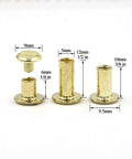 Heavy Duty Golden Chicago Screw Rivets Assortment Kit For Leather Craft And Bookbinding showing various sizes and dimensions of screws.