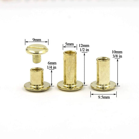 Heavy Duty Golden Chicago Screw Rivets Assortment Kit For Leather Craft And Bookbinding showing various sizes and dimensions of screws.