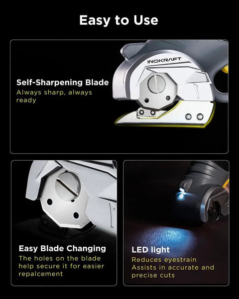 Inokraft Cordless Electric Scissors With Safety Button For Fabric And Cardboard Packaging close-up showing self-sharpening blade and LED light.
