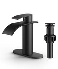 Waterfall Matte Black Bathroom Faucet DIY Friendly 1 Or 3 Hole Install With Deck Plate, Single Handle Vanity Sink Faucet, Pop Up Drain