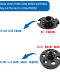 Five Eighth Inch Bore Centrifugal Clutch Eleven Tooth For 35 Chain with compatibility details and visual arrows.
