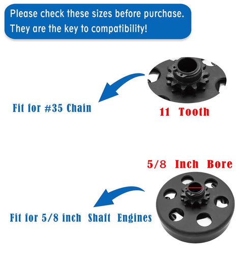 Five Eighth Inch Bore Centrifugal Clutch Eleven Tooth For 35 Chain with compatibility details and visual arrows.
