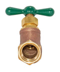 Built Tough For Backyard Jobs Smooth Operation Zero Hassle Heavy Duty Forged Brass Hose Bibb with green handle and 1/2 inch connection.
